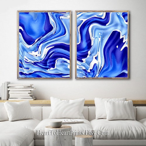 Blue Abstract Painting Set of 2 Prints Blue Painting Printable Etsy