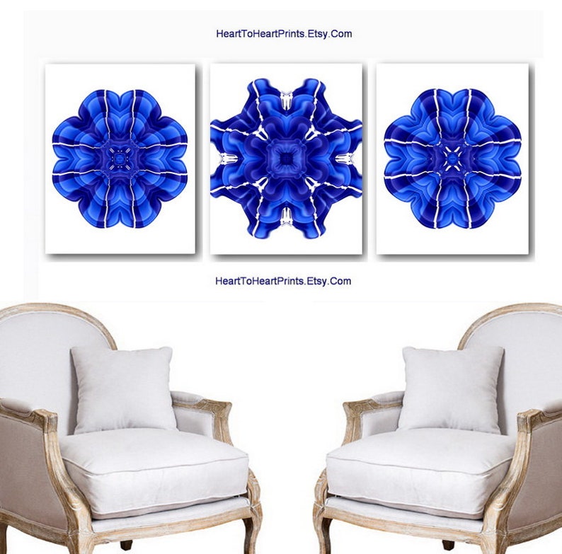Royal Blue Wall Art Set of 3 Prints Blue Flower Printable Wall Art