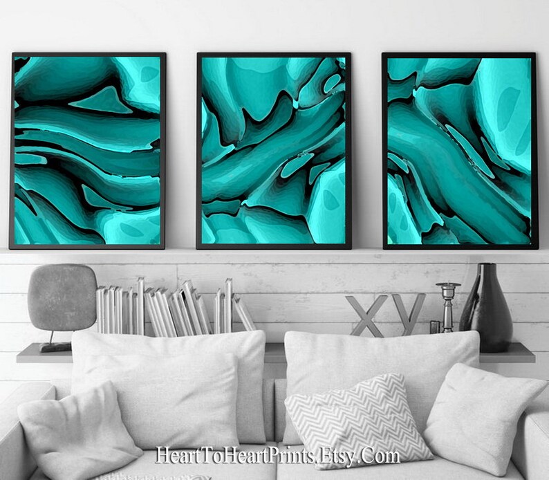 Green Abstract Wall Art Set of 3 Prints Emerald Teal Abstract Etsy