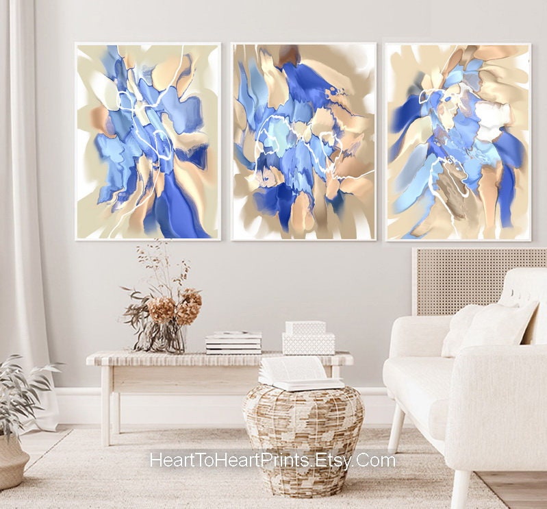 Blue Brown Abstract Gallery Wall Art Set of 3 Posters | Etsy