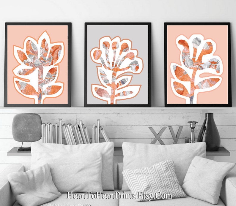 Pink Gray Flower Printable Wall Art Set of 3 Prints Peach Pink Etsy