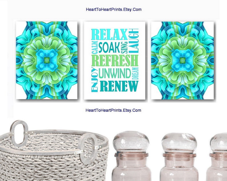 Teal Bathroom Set of 3 Prints Green Bathroom Wall Art Teal Etsy