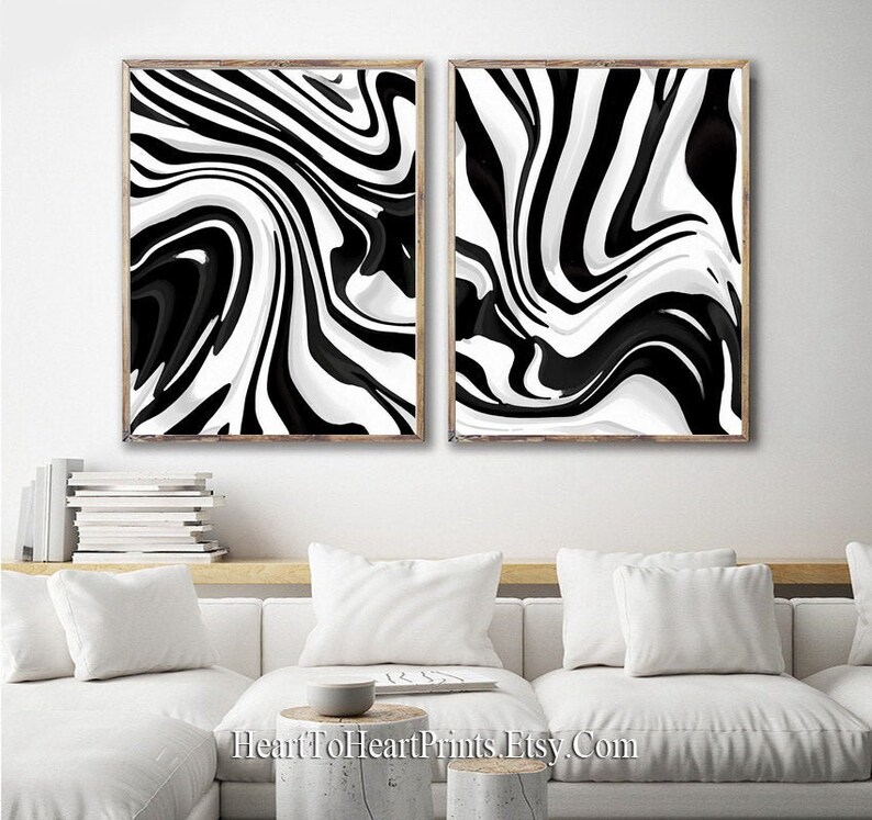 Black White Abstract Wall Art Set of 2 Large 24x36 Inch Etsy