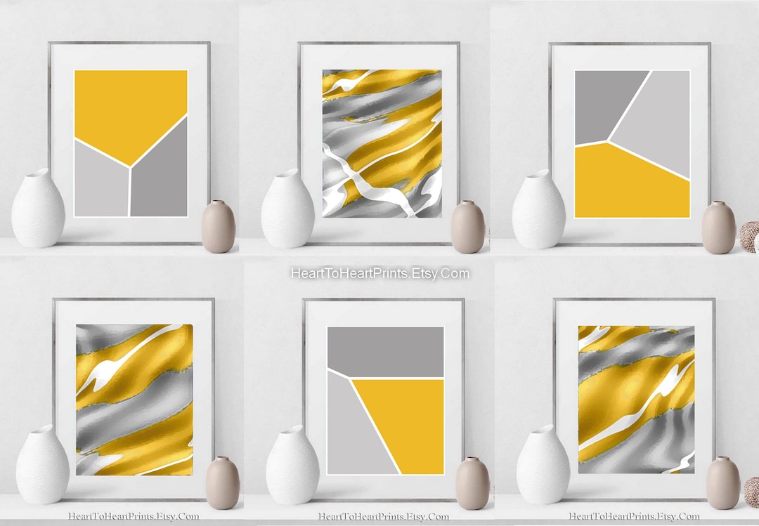 Abstract Wall Art Set of 6 Prints Mustard Yellow Gray Minimalist ...