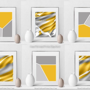 Abstract Wall Art Set of 6 Prints Mustard Yellow Gray Minimalist ...