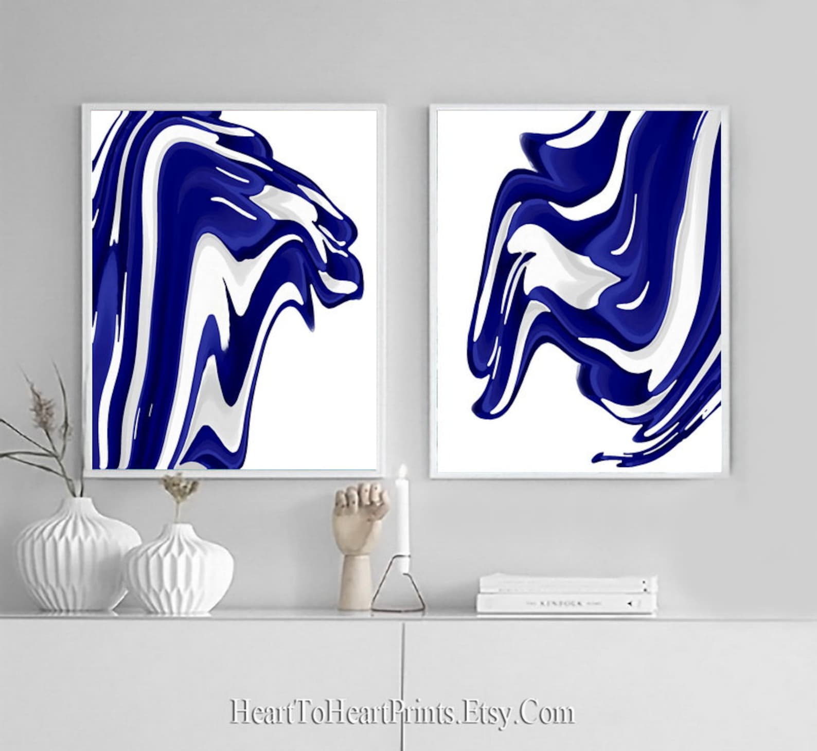 Navy Abstract Painting Set of 3 Prints Minimalist Wall Art Etsy