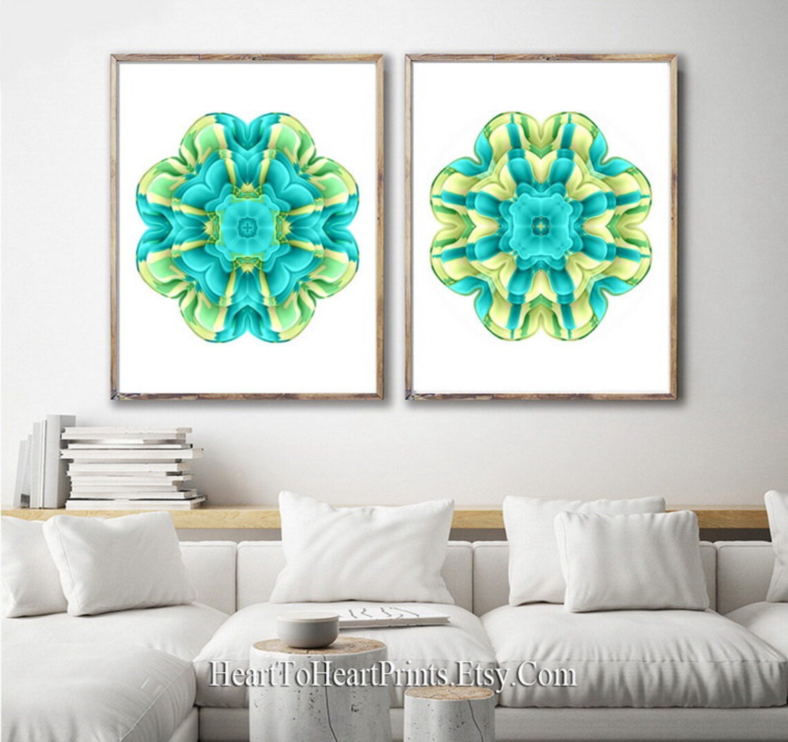 Green Botanical Wall Art Lime Teal Flowers Downloadable Art Etsy