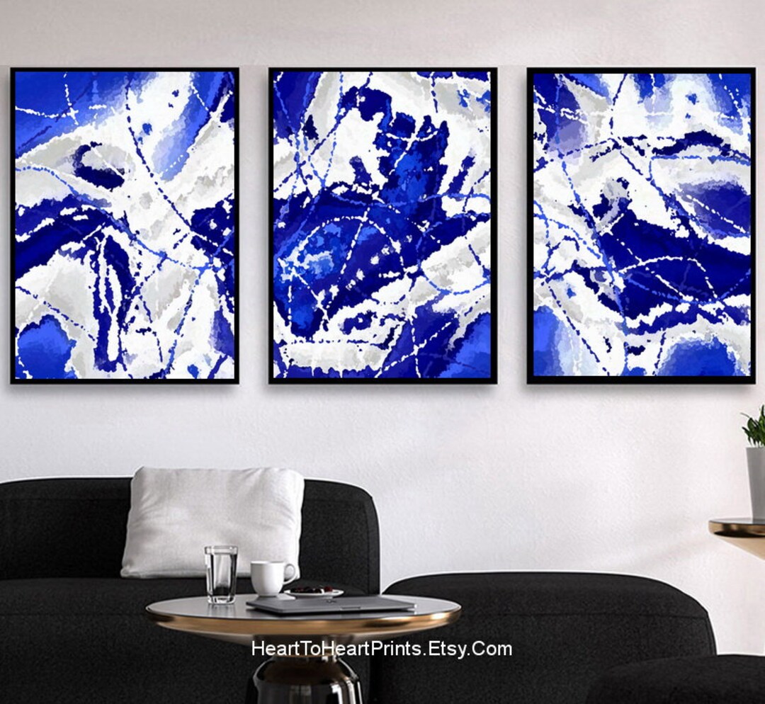 Blue Abstract Painting Set of 3 DIGITAL Navy Blue Abstract Artwork