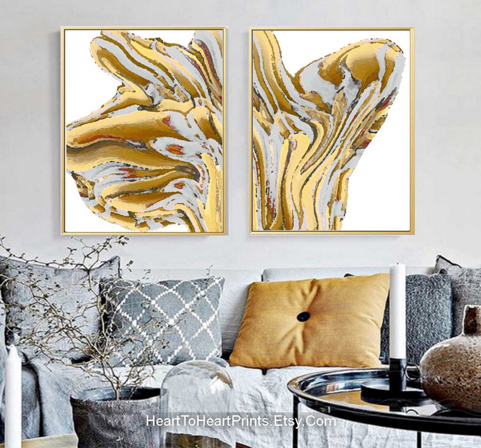 Mustard Yellow Wall Art Set of 2 Prints Abstract Prints Etsy