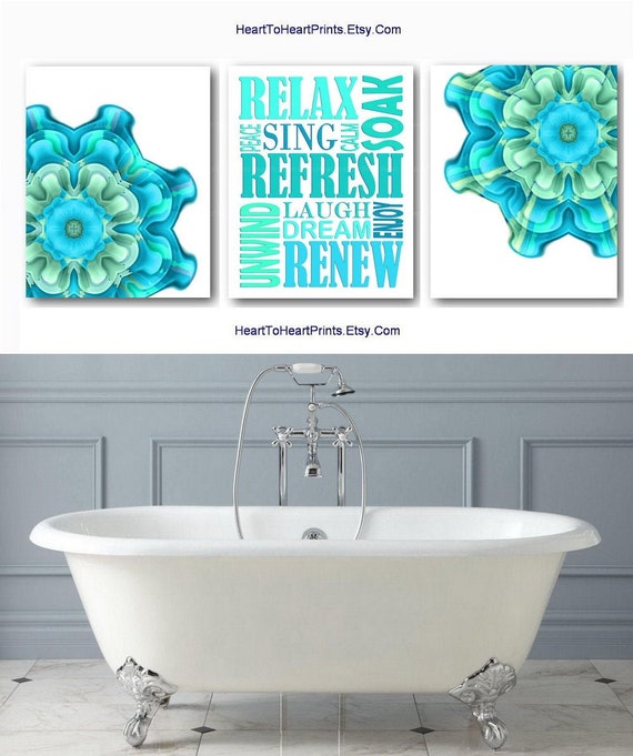 Teal Bathroom Set Of 3 Prints Green Bathroom Wall Art Teal Etsy