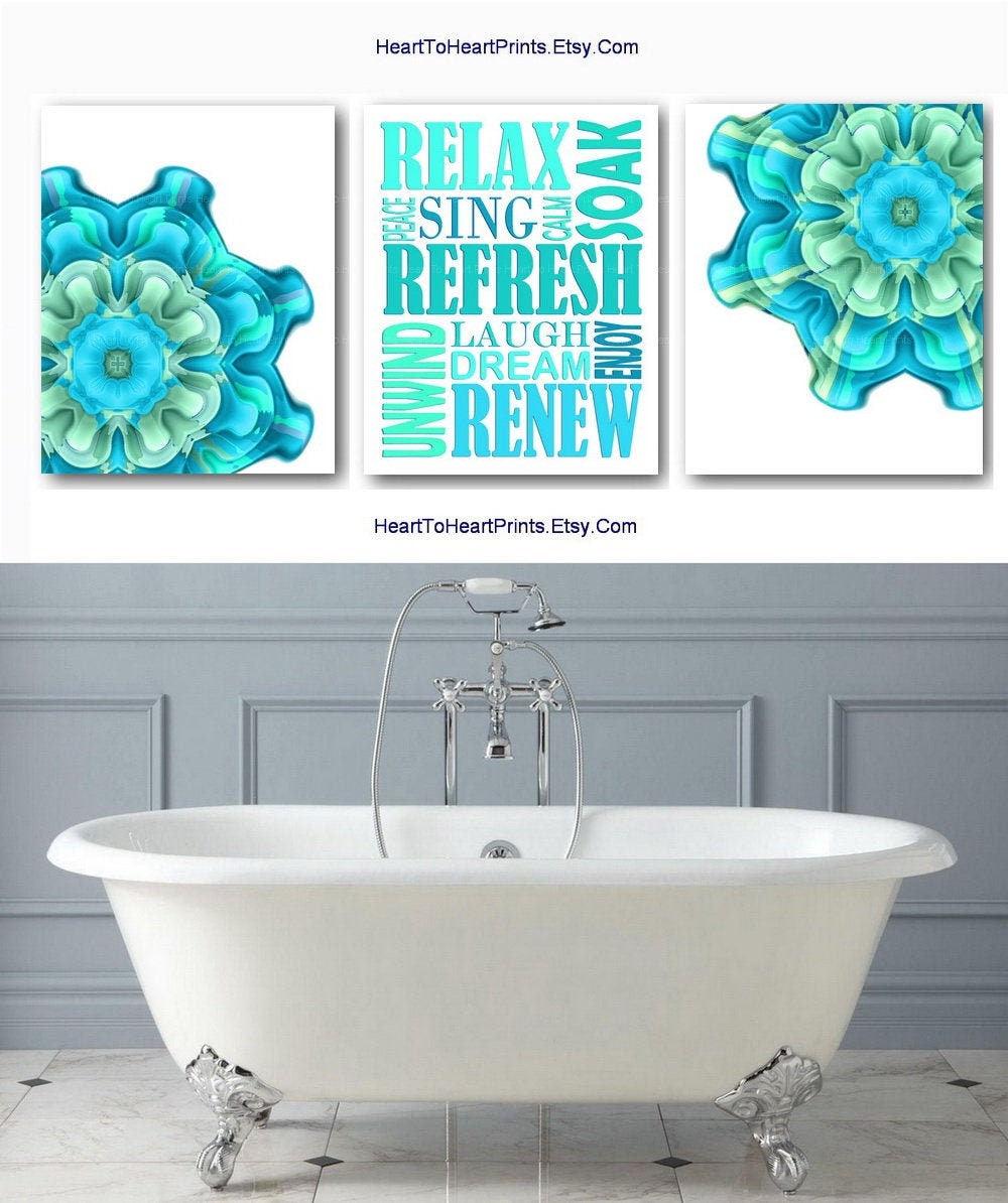 Teal Bathroom Set of 3 Prints Green Bathroom Wall Art Teal Etsy