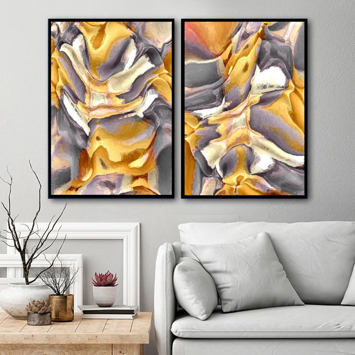 Yellow Gray Abstract Painting Set of 2 Canvas PRINTABLE Abstract Wall ...