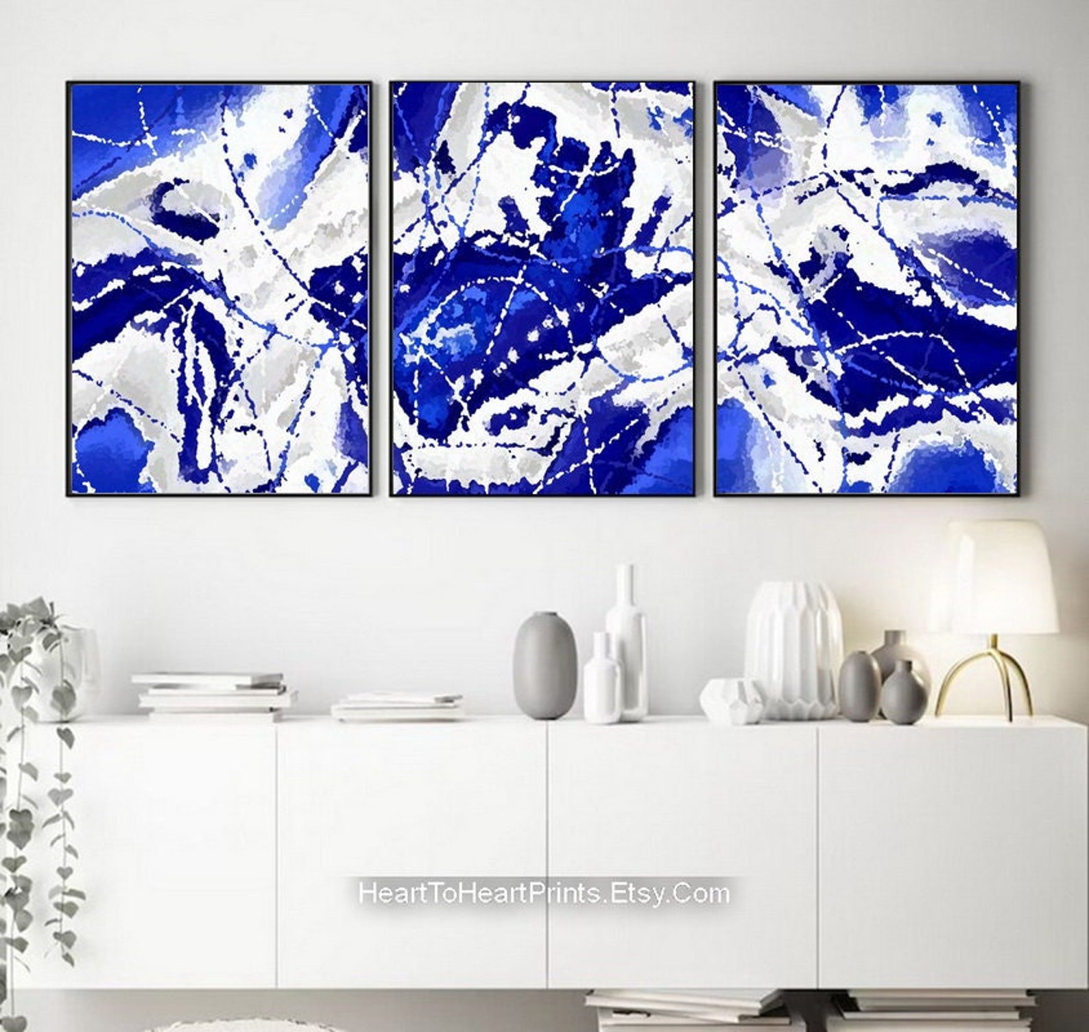 Blue Abstract Painting Set of 3 DIGITAL Navy Blue Abstract Artwork