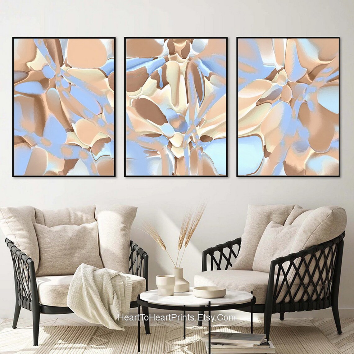 Blue Brown Abstract Wall Art Set of 3 Pastel Abstract Painting - Etsy