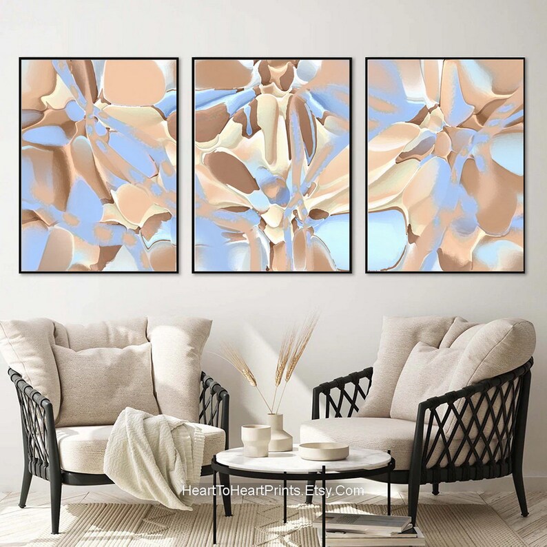 Blue Brown Abstract Wall Art Set of 3 Pastel Abstract Painting Canvas