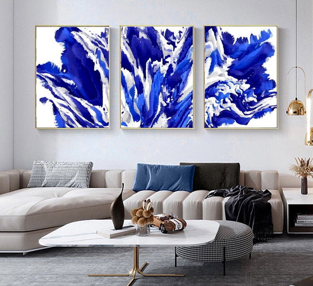 Blue Abstract Painting Set of 3 Posters Living Room Set of 3 - Etsy