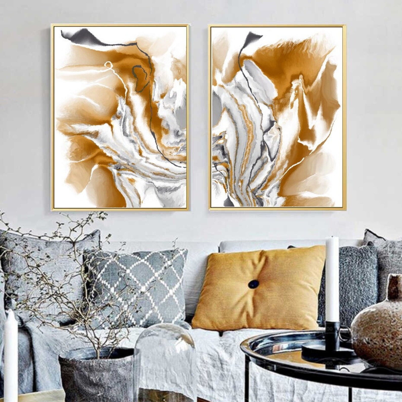 Neutral Abstract Set of 2 Large Wall Art 24x36 Brown Beige - Etsy