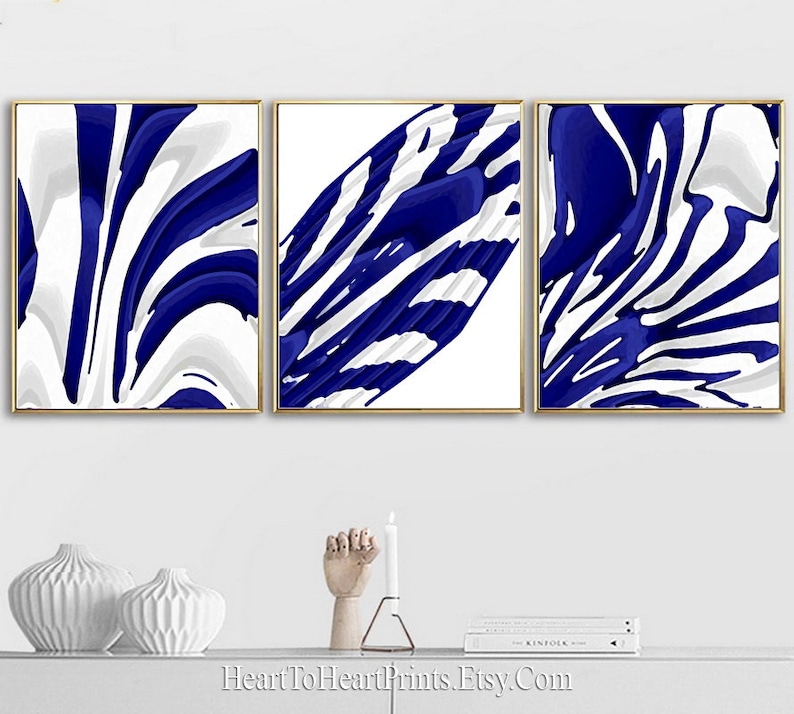 Navy Blue Abstract Gallery Wall Art Set of 3 Blue Abstract Etsy