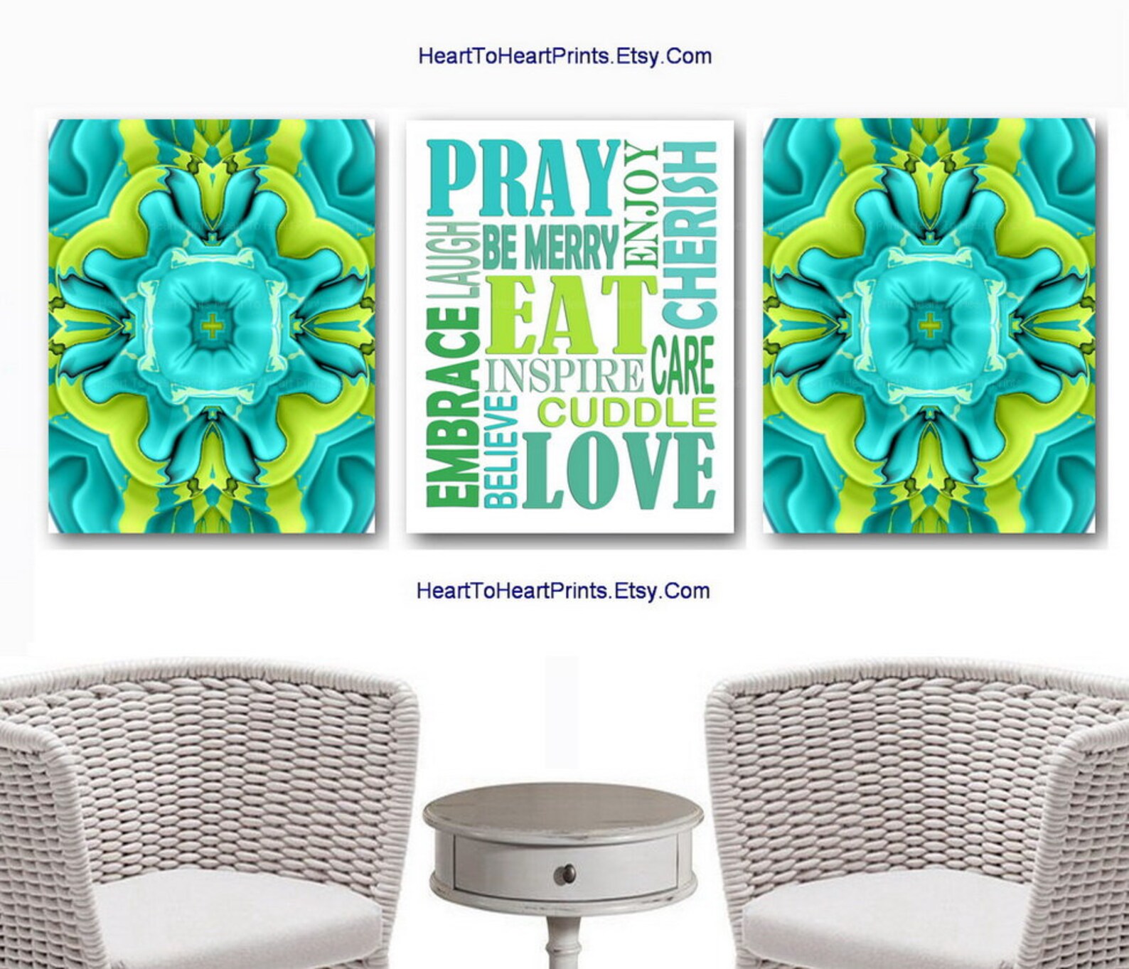 Green Kitchen Wall Art Set of 3 Prints Lime Green Teal Dining Etsy