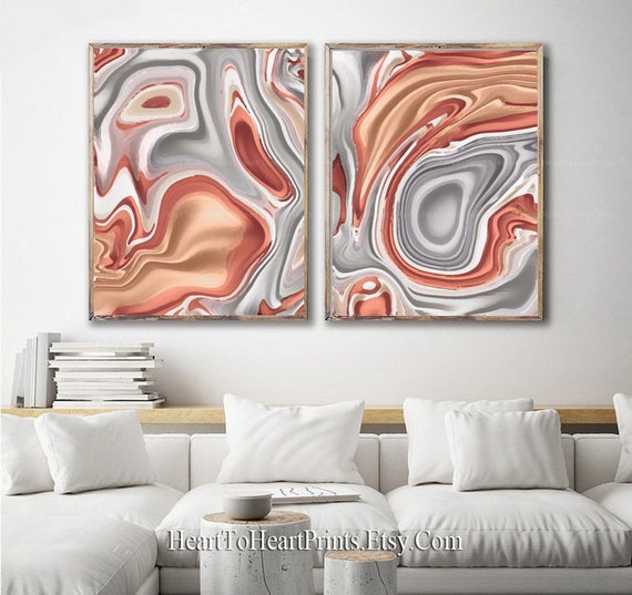 Set of 2 Prints Orange Gray Abstract Paining Wall Art Etsy