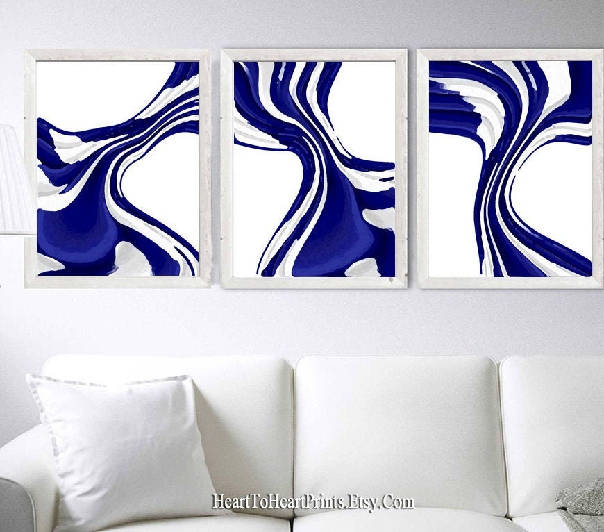 Set of 3 Navy Blue White Wall Art Digital Painting Instant Etsy
