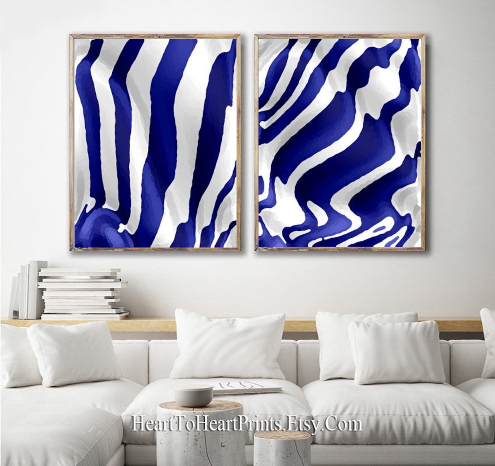 Set of 3 Navy Blue White Wall Art Digital Painting Instant Etsy