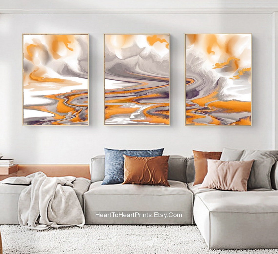Orange Gray Abstract Painting Set of 3 PRINTABLE Wall Art Terracotta ...