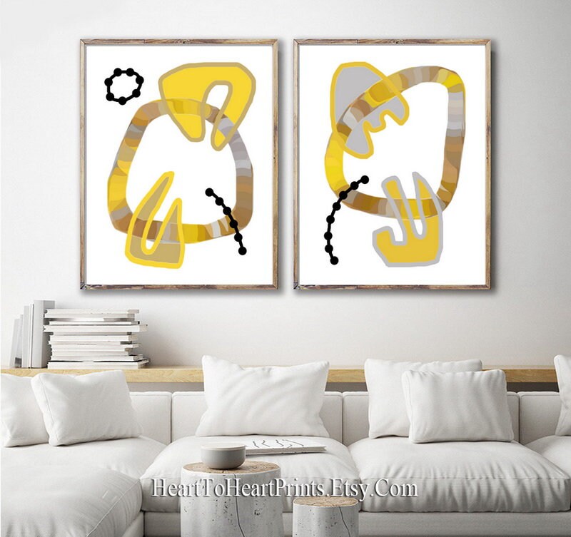 Yellow Gray Abstract Minimalist Set of 2 Prints Geometric | Etsy