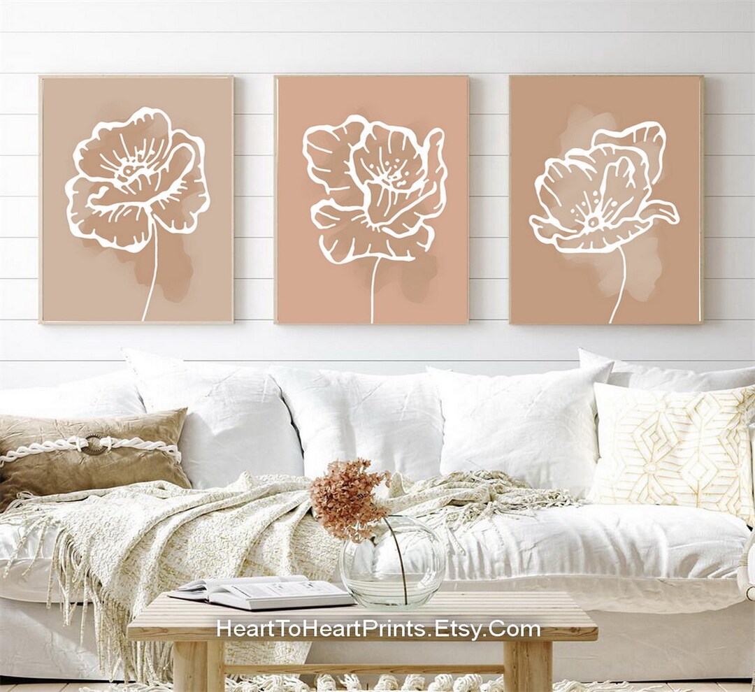 Neutral Botanical Line Art Flower Set of 3 Prints Line Drawing Beige ...