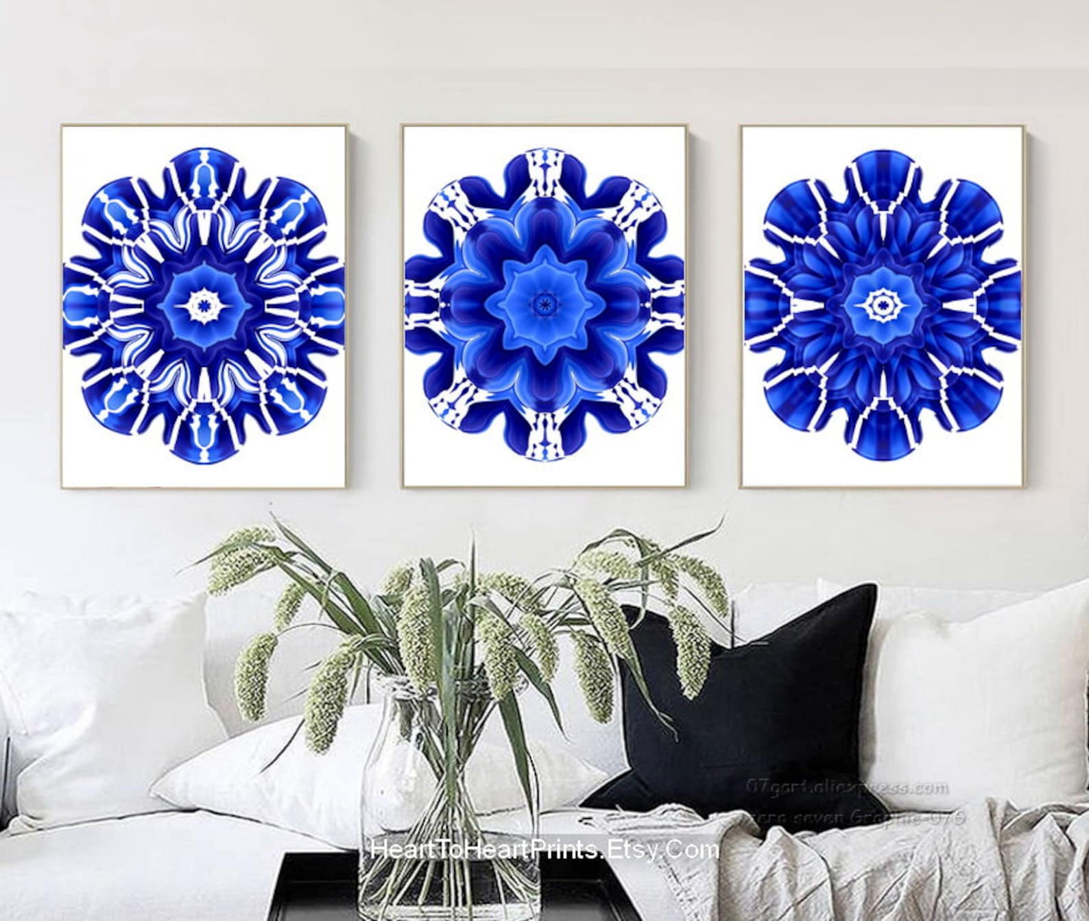 Royal Blue Wall Art Set of 3 Prints Blue Living Room Decor Etsy