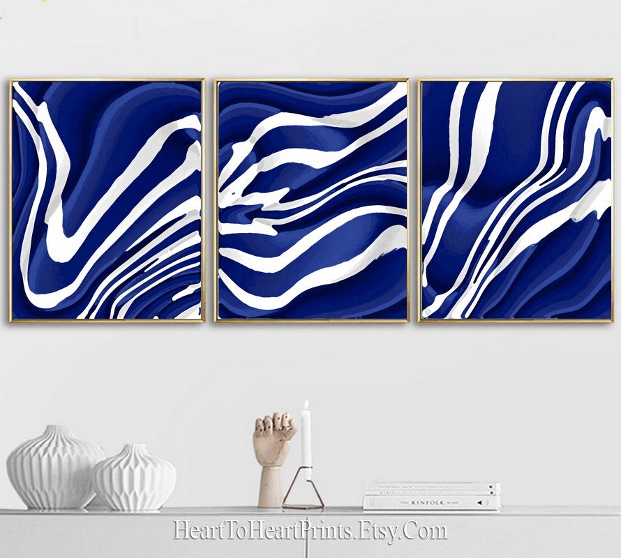 Blue Abstract Painting Set of 2 Prints Navy Royal Blue Etsy