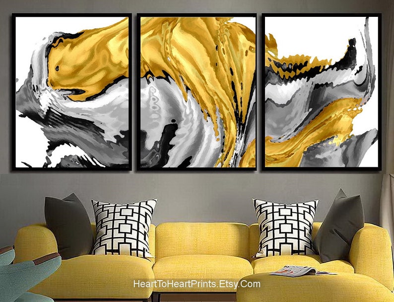 Yellow Gray Black Abstract Painting Printable Wall Art Set of 3 Prints ...