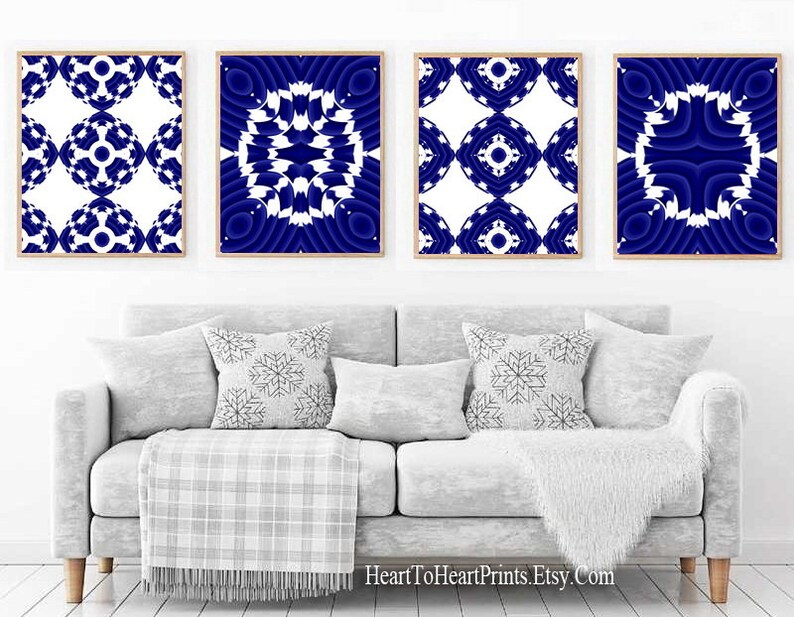 Navy Abstract Geometric Wall Art Set of 3 Prints White Navy Etsy