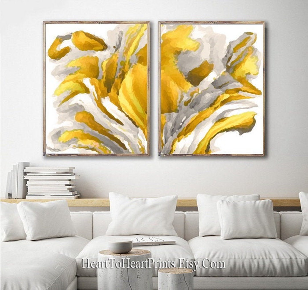 Yellow Gray Abstract Painting Set of 2 Prints Printable Wall Art ...
