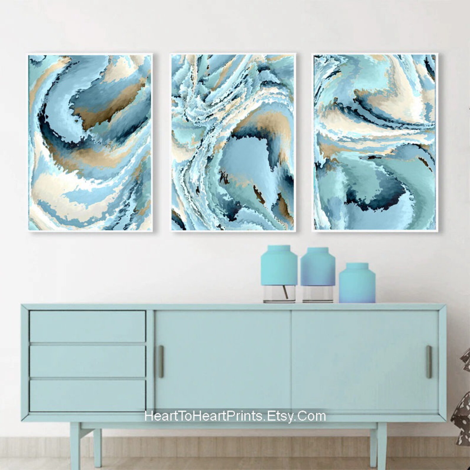 Aqua Blue Abstract Set of 3 Turquoise Teal Abstract Painting Etsy