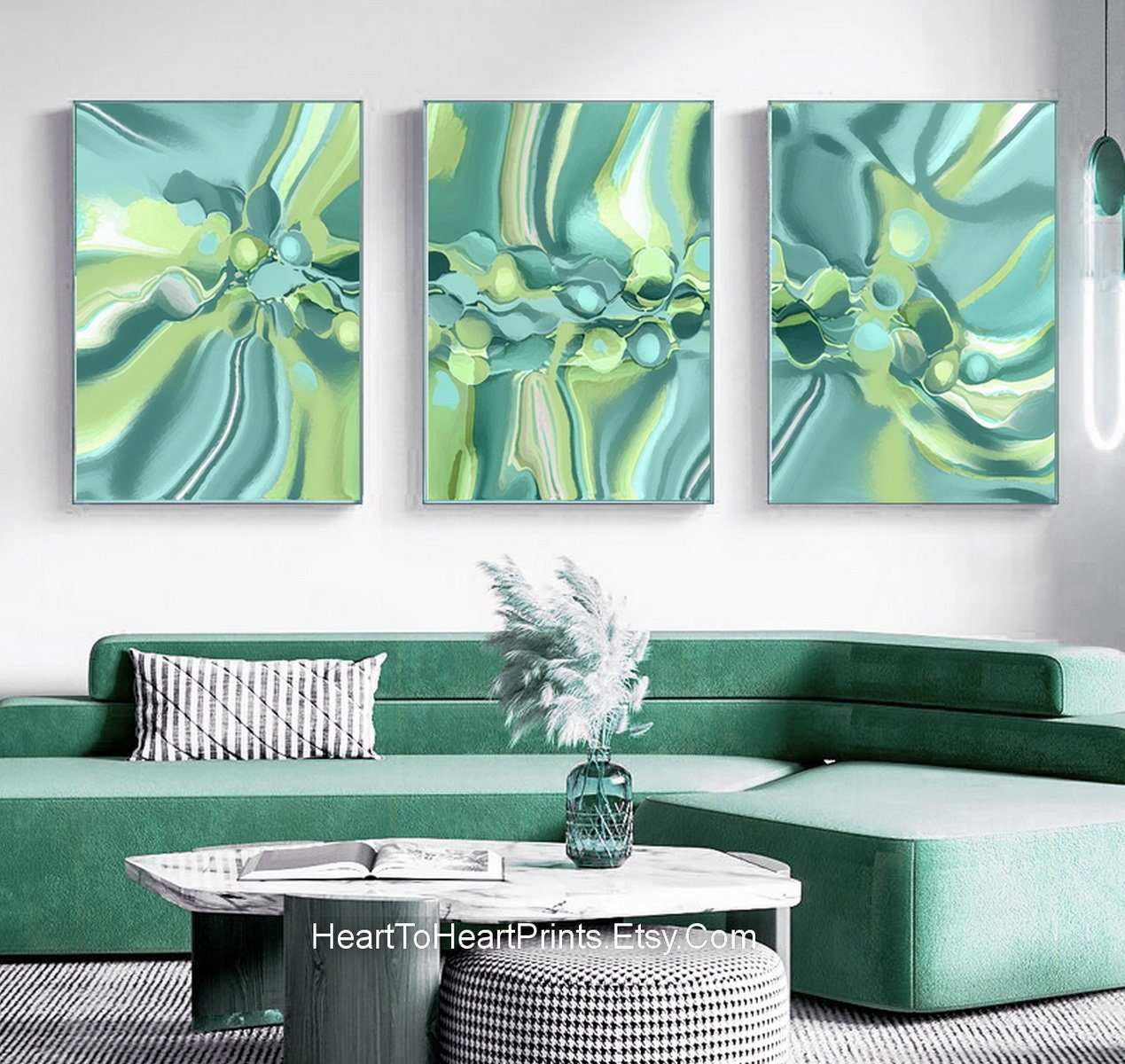Green Abstract Wall Art Set of 3 PRINTABLE Art Lime Teal Emerald