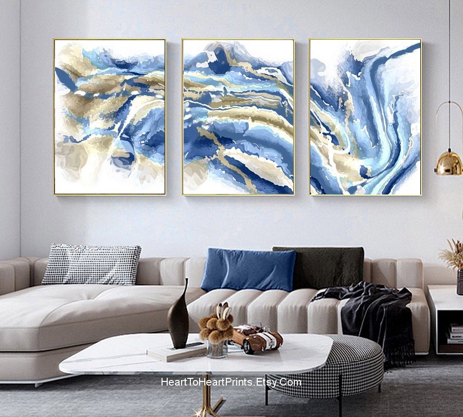 Blue Beige Abstract Gallery Wall Art Set of 3 DIGITAL Download - Etsy