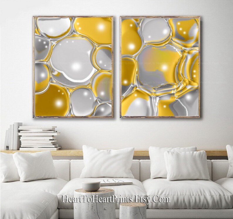Yellow Gray Abstract Wall Art Set of 2 Prints Mustard Modern Etsy