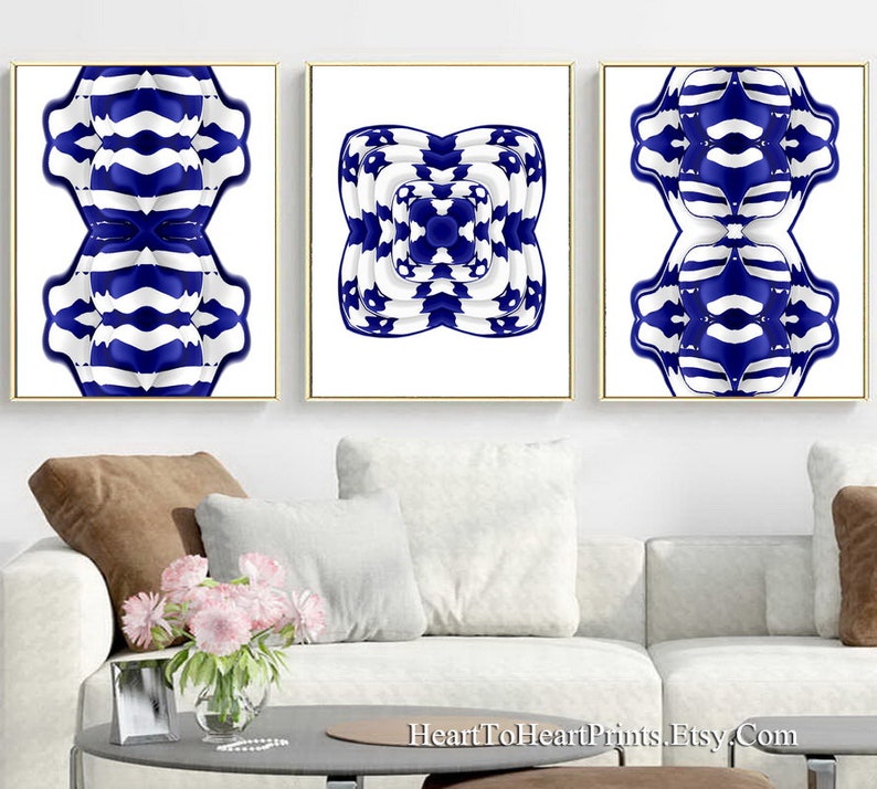 Navy Abstract Geometric Wall Art Set of 3 Prints White Navy Etsy