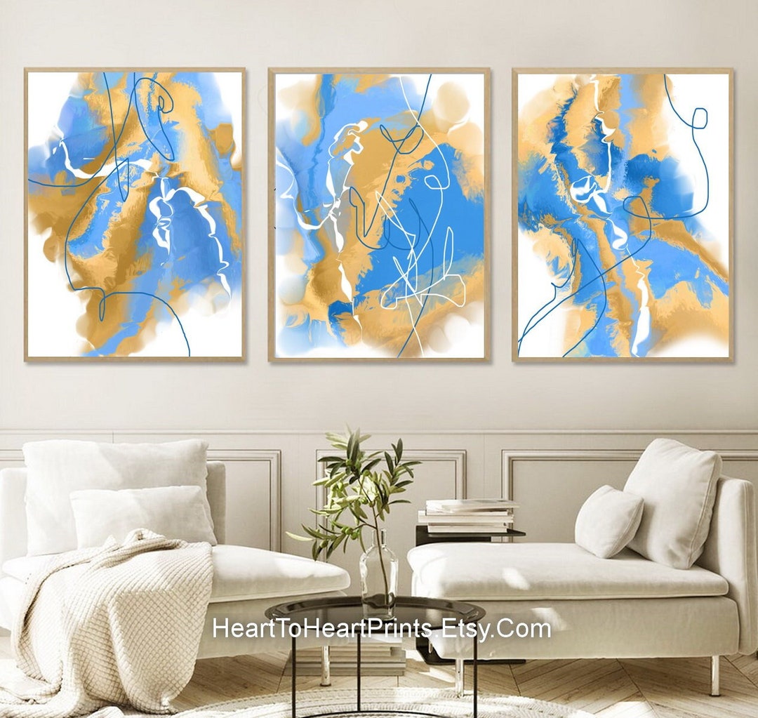 Blue Yellow Abstract Painting PRINTABLE Wall Art Set of 3 Light Blue ...