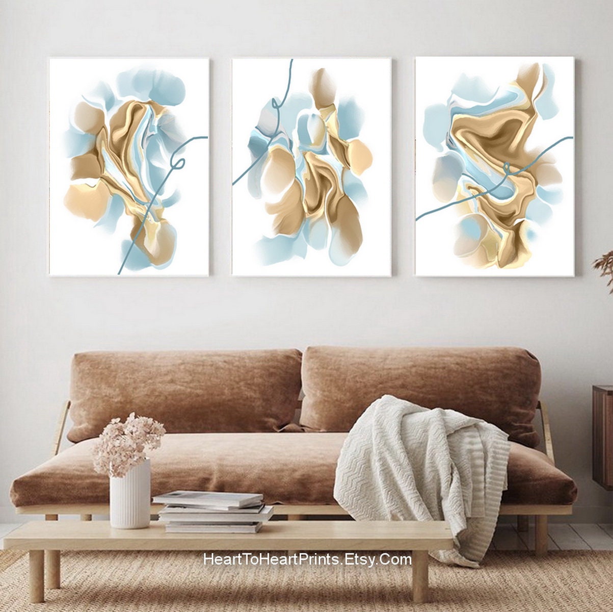Blue Beige Abstract Painting PRINTABLE Art Set of 3 Turquoise - Etsy
