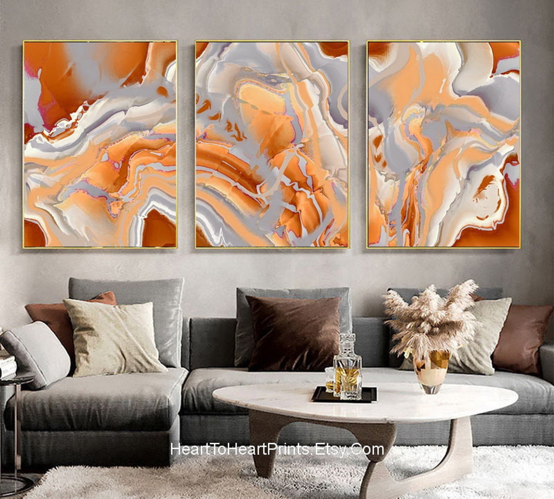 Orange Gray Wall Decor 3 Poster Set Canvas Abstract Painting Etsy