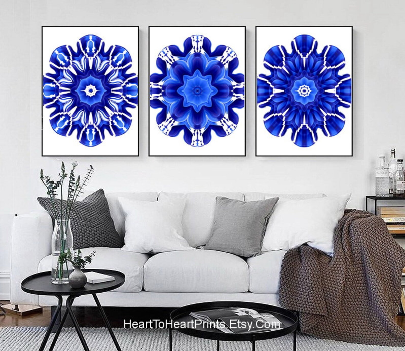Royal Blue Wall Art Set of 3 Prints Blue Living Room Decor Etsy