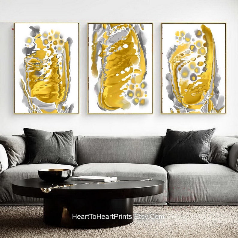 Yellow Gray Abstract Painting Set of 3 Large 24x36 Etsy