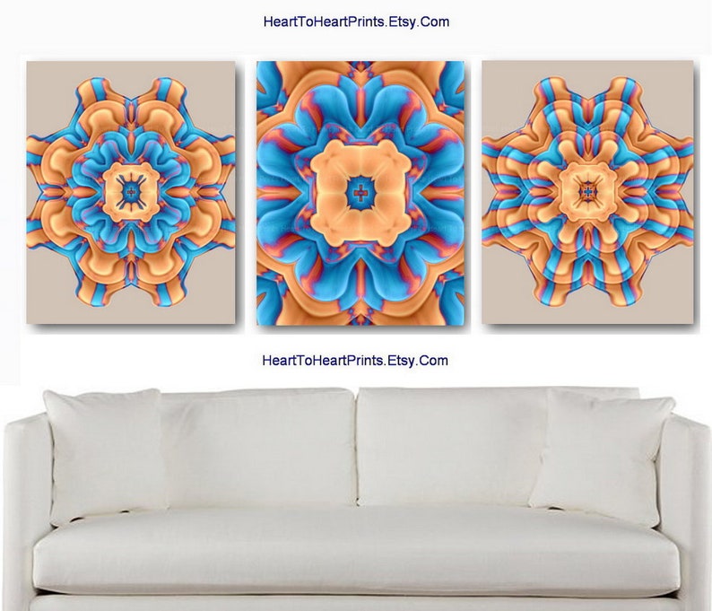 Orange Blue Wall Art Abstract Painting Set of 3 Prints Etsy