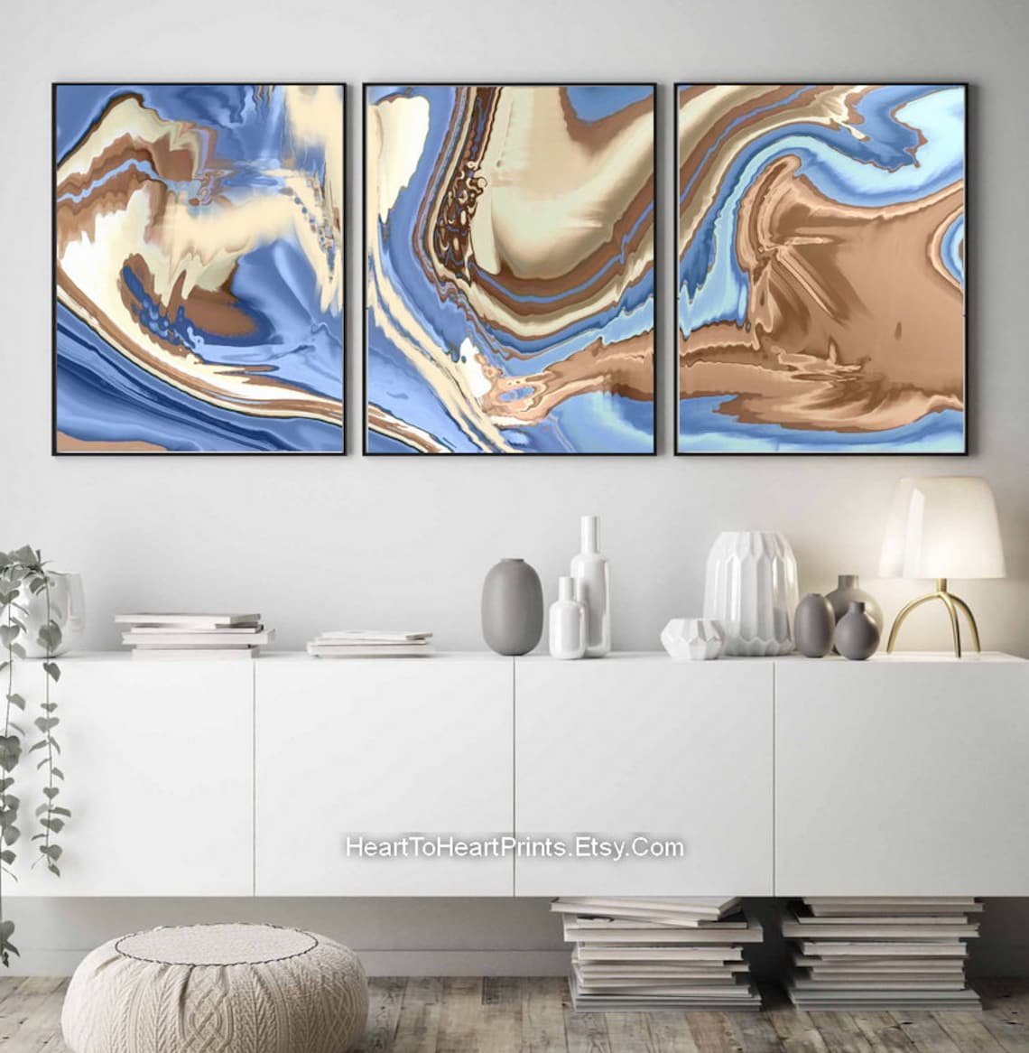 Blue Brown Abstract Gallery Wall Art Set of 3 Posters Etsy