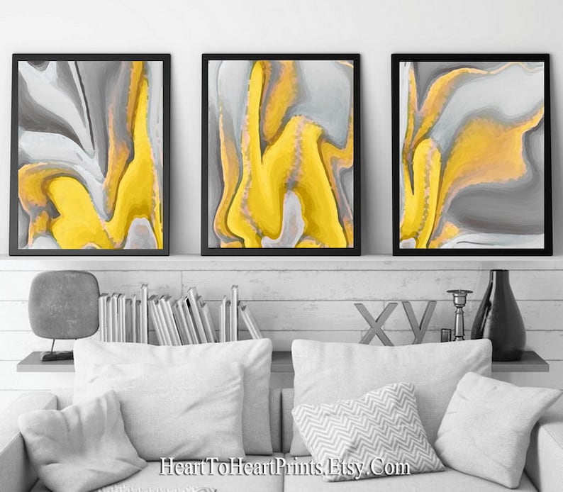 Mustard Yellow Gray Abstract Painting Set of 3 Prints Abstract Etsy