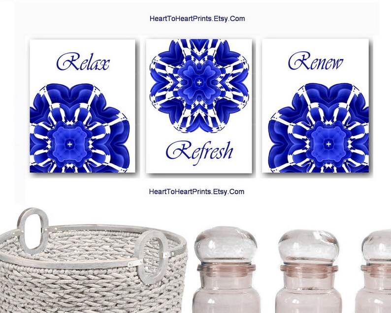 Cobalt Blue Bathroom Wall Art Set of 3 Prints Blue Bathroom Etsy