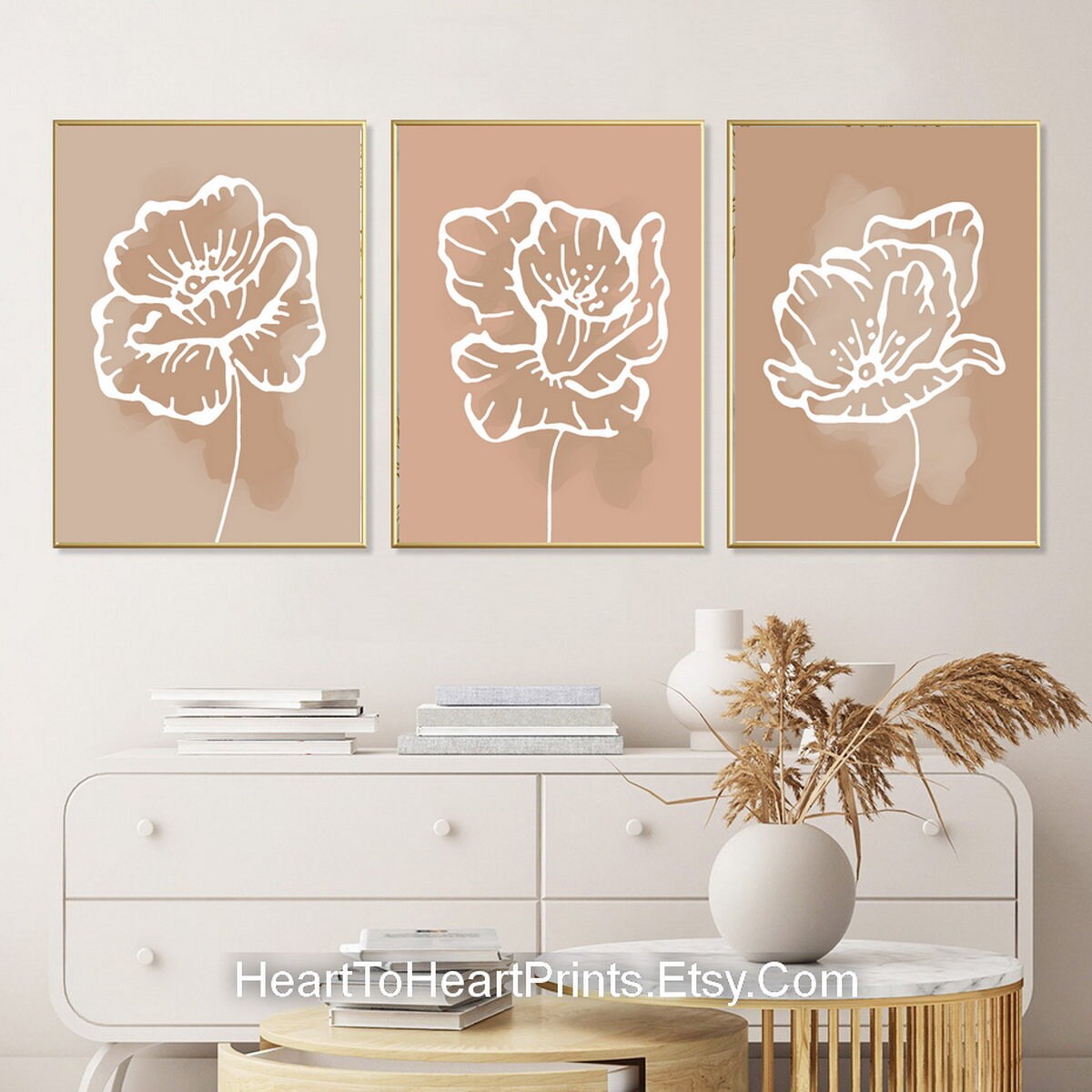 Neutral Botanical Line Art Flower Set of 3 Prints Line Drawing Beige ...