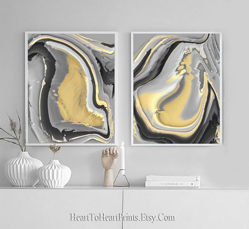 Minimalist Gray Yellow Wall Art Set of 2 Prints Abstract Etsy